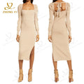 Factory Wholesale Custom Winter Women Square Neck Tie Back Ribbed Puff Long Sleeve Fitted Casual Midi Knitting Sweater Dresses