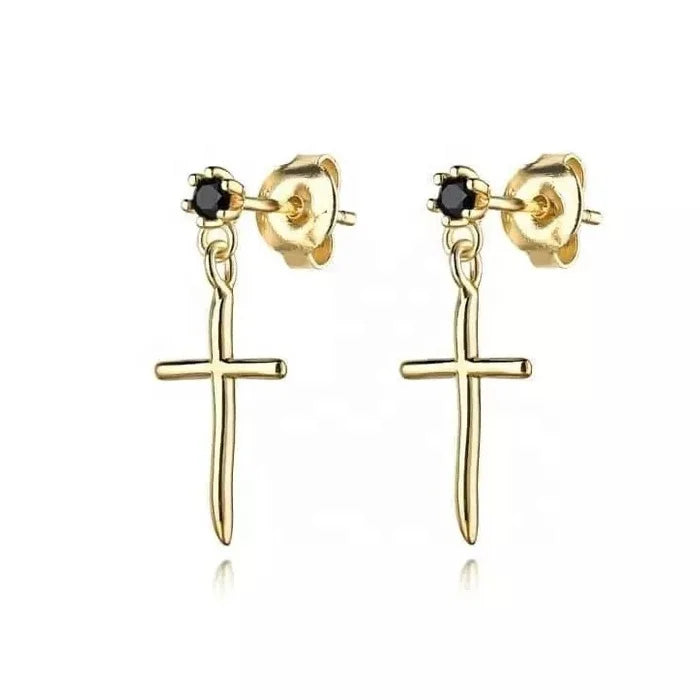 LOZRUNVE Simple Design Jewelry 14k Gold Plated Big Cross Drop Earring Silver 925