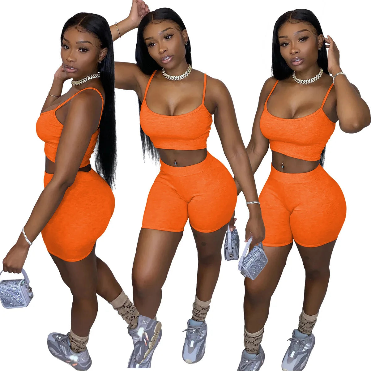 2024 Women's Wear European and American Fashion Casual Solid Color Suspender Vest Top Shorts Two Piece