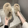 Ladies Women Open Toe Anti-Slip Thick Sole Fashion Fuzzy Furry Fur Plush Cross Upper Indoor Outdoor Winter Spring Autumn Slipper