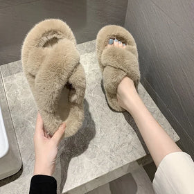 Ladies Women Open Toe Anti-Slip Thick Sole Fashion Fuzzy Furry Fur Plush Cross Upper Indoor Outdoor Winter Spring Autumn Slipper