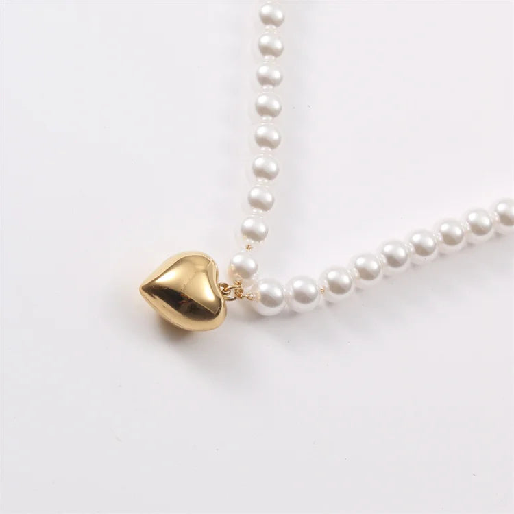 Fashion Fine Jewelry Freshwater Pearl Necklace Heart Women Gold Plated Stainless Steel Heart Charms Pendants Necklace