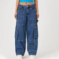 Women's New Retro Street Fashion Cargo Pants Regular Fit Casual Denim High Waist Drawstring Closure ODM Washed