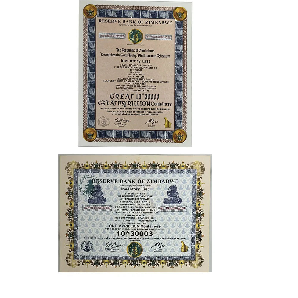 Zimbabwe Great Myrillion Containers Certificate 10 ^ 30003 Zimbabwe Paper Notes Scrolls Money UV with Serial Number Collectibles