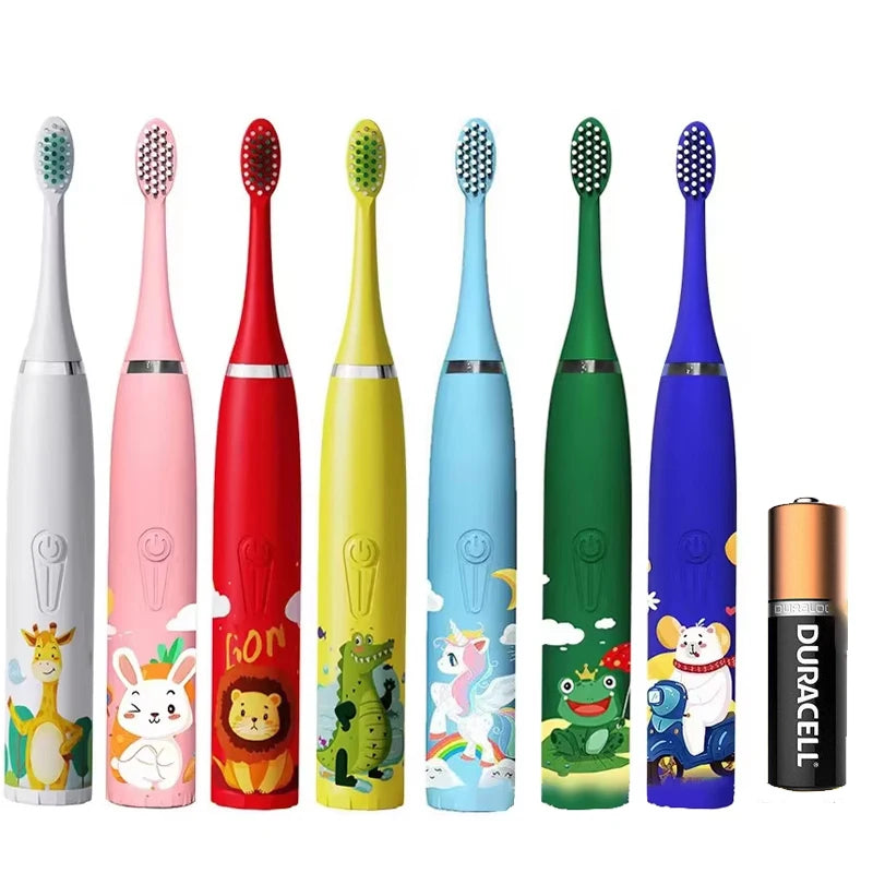 Children's Cartoon Toothbrush With Battery Soft Brush Kids Sonic Electric Toothbrush 3-15 Years Old 6pcs Replacement Heads OEM