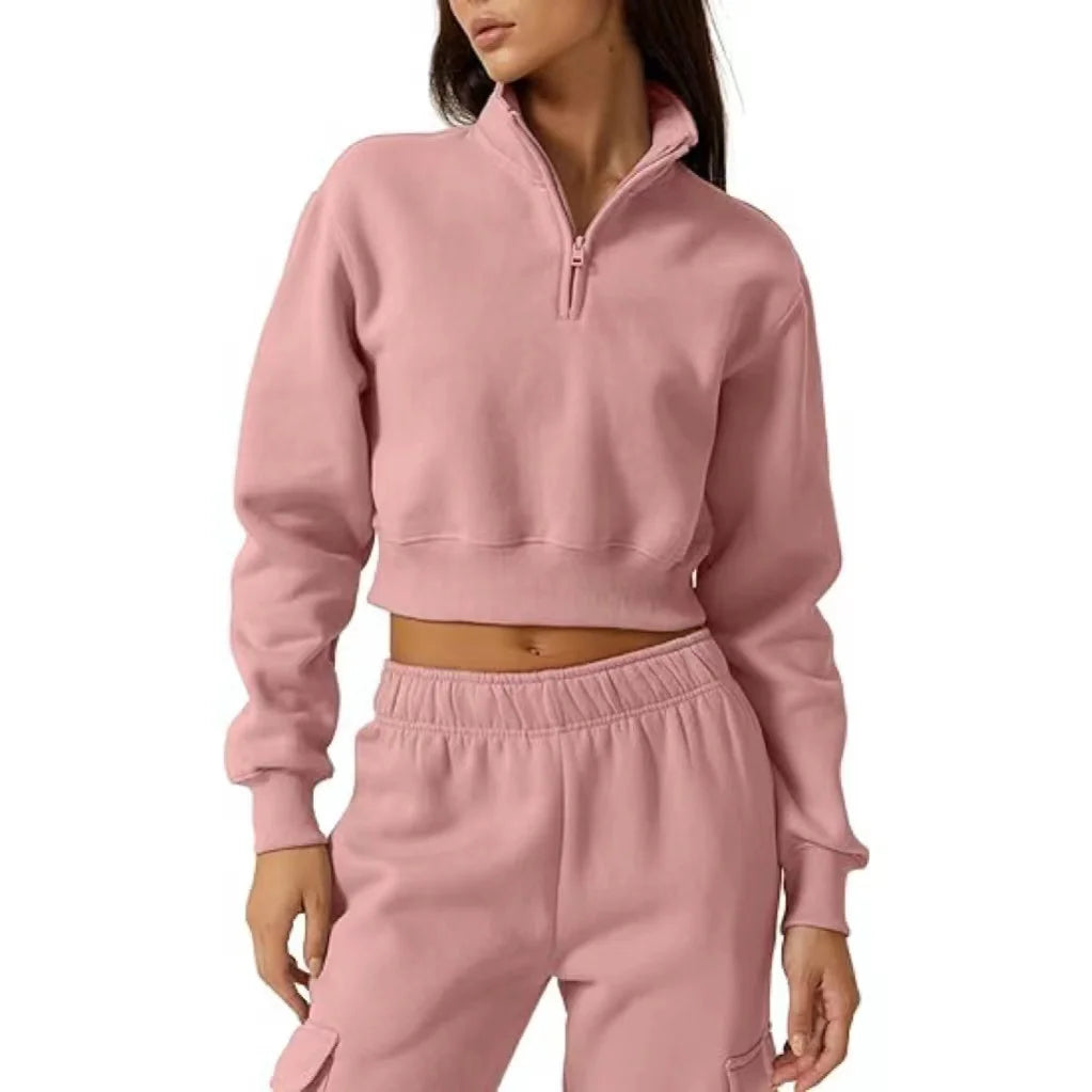 Womens Half Zip Crop Sweatshirt High Neck Long Sleeve Pullover Cropped Top