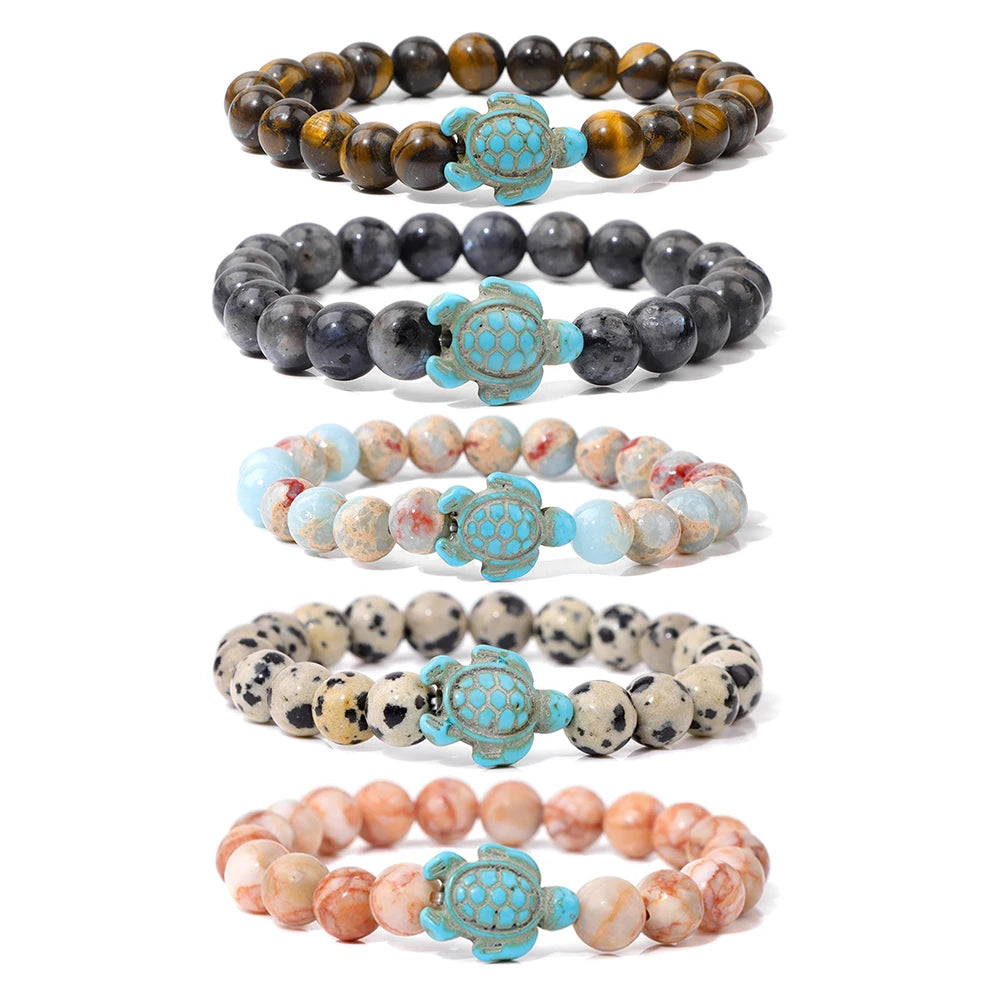 Wholesale Fashion Jewelry Turquoise Sea Turtle Charm Natural Stones Beaded Strand Bracelet for Anniversary Occasion Men Women