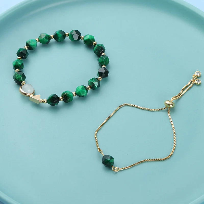 Natural Green Tiger Eye Stone Bracelet Female Character String Beads Bracelet 2 Sets of Niche Design Simple Adjustable Bracelet