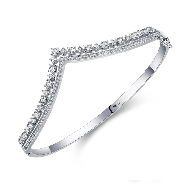 Fashion Trend V-shaped Crown Cuff Bracelets Bangles 925 Sterling Silver Pave CZ Iced Out Crystal Bangles for Women Girls Gift