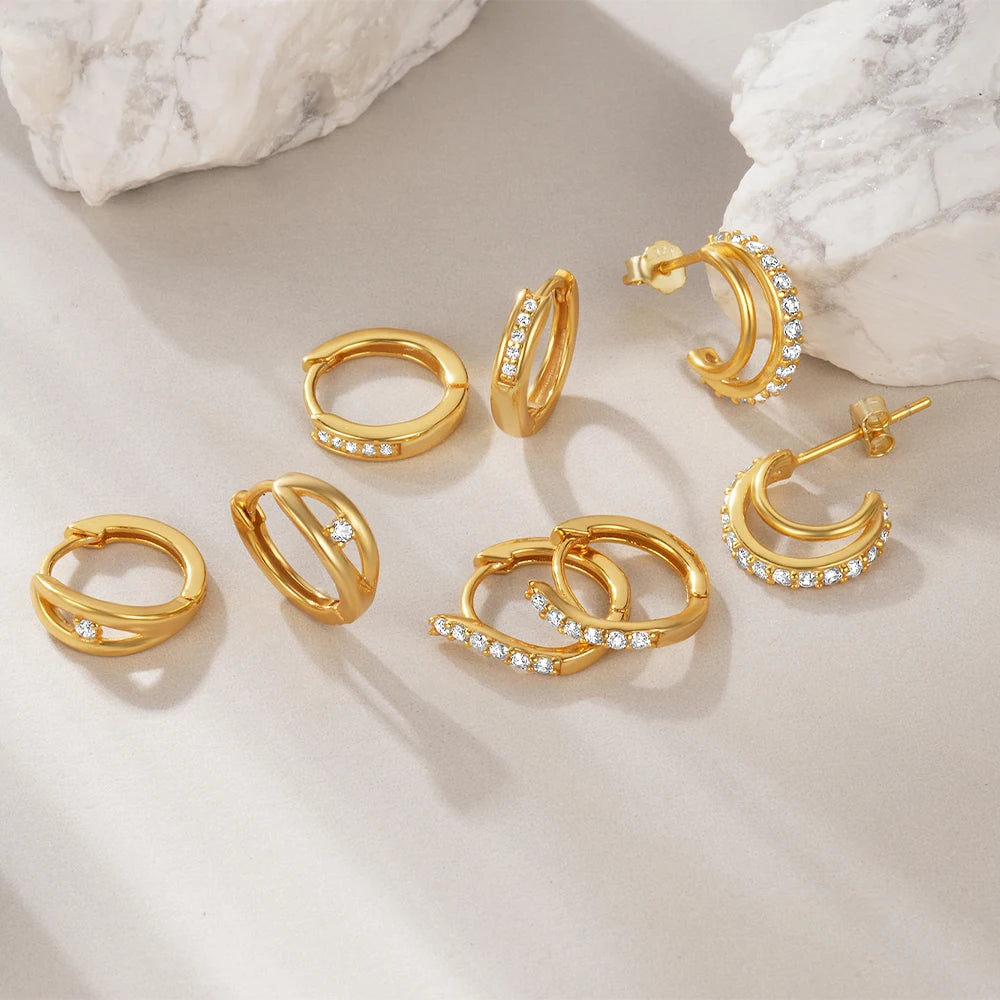 Fashion Jewelry 925 Sterling Silver Diamond Earrings C-shaped Wave Three Lines Row of Zircon Gold Plated Stud Earrings Women