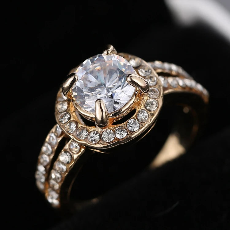 Fashion Shiny Gold Color Alloy Women Jewelry Gift Engagement Wedding 2 Rows Cubic Zircon Finger Ring for Bridal