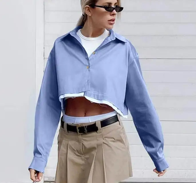 Enyami Chic High Street Patchwork Cropped Boxy Top Woman Turn Down Collar Blue Satin Sexy Blouse Shirts