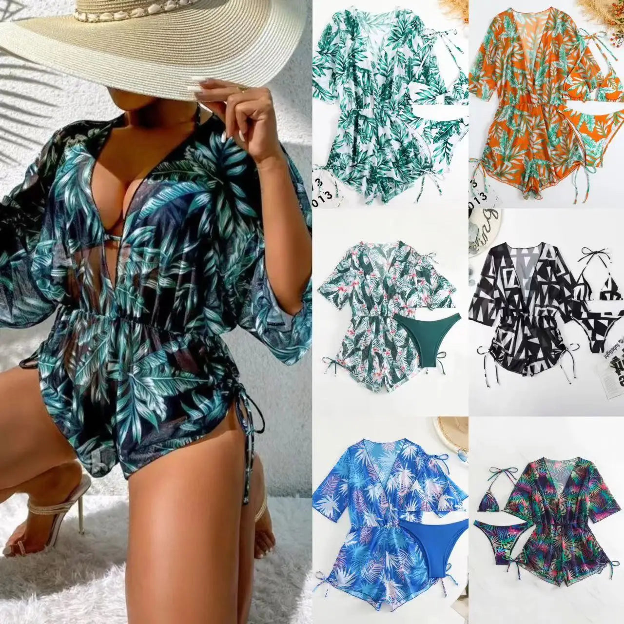 S-XL Bikini Three Piece Set Leaf Print Waist Tied Fashionable Long Sleeved Beach Sun Proof Swimsuit Set  3pack