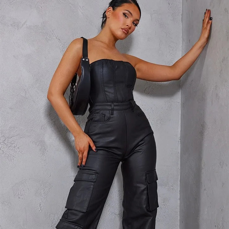 New Fashion Street Style Tube Elegant Multi Pocket Casual One Piece Baggy Cargo Jumpsuit Women