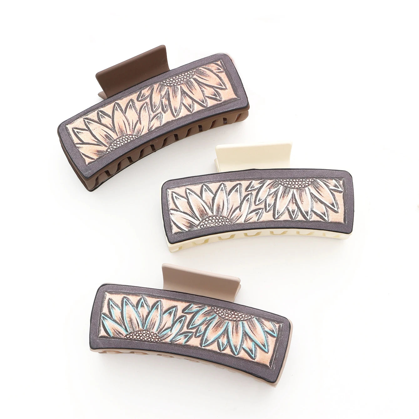 11cm PU Leather Accesorios Para El Cabello Western Cowboy Style Shark Hair Clip Sunflower Leather Plastic Retro Hair Claw Clips