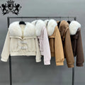 Janefur New Arrival Ladies Suede Down Jacket with Big Fur Turndown Collar Women's Puffer Coat with Fur Collar