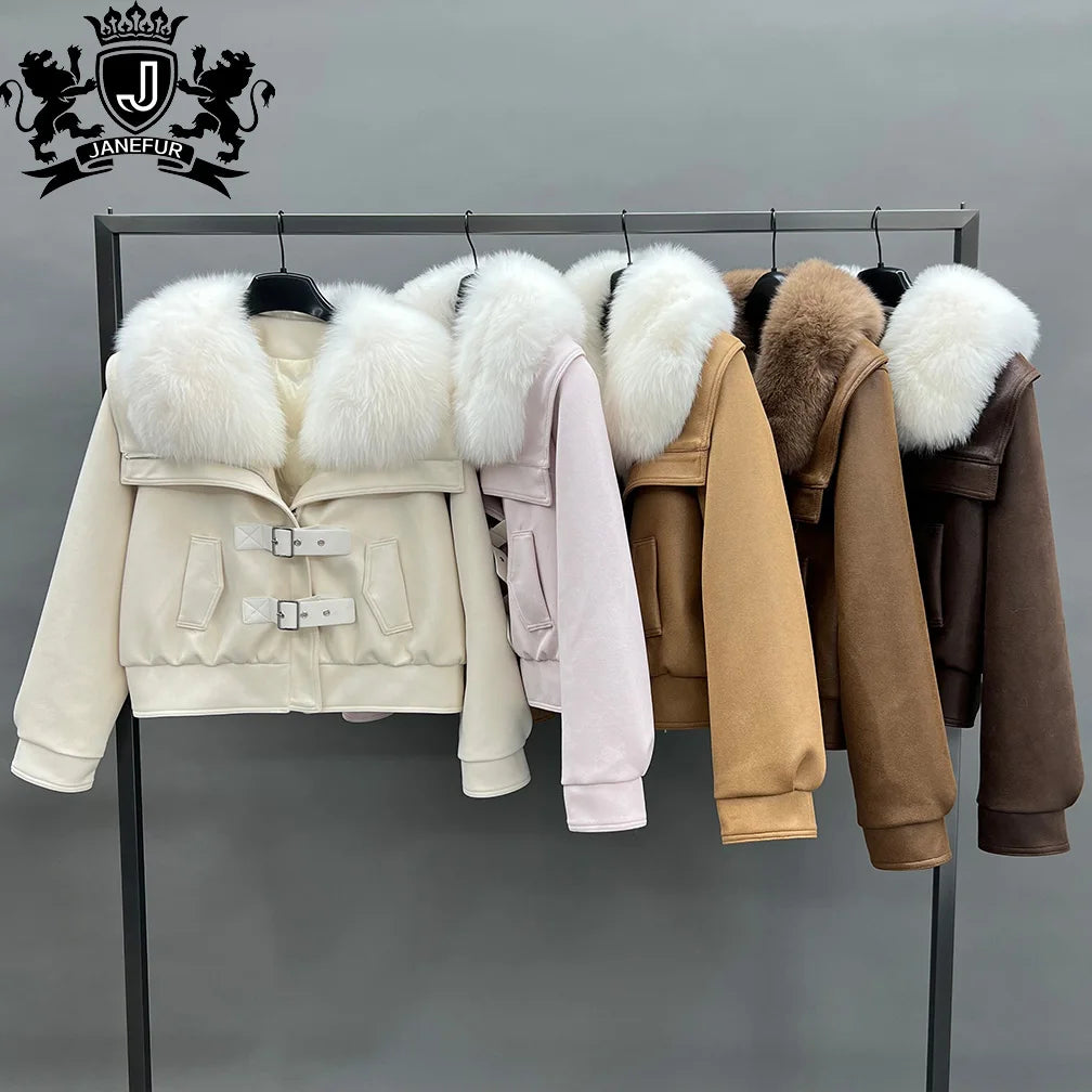 Janefur New Arrival Ladies Suede Down Jacket with Big Fur Turndown Collar Women's Puffer Coat with Fur Collar