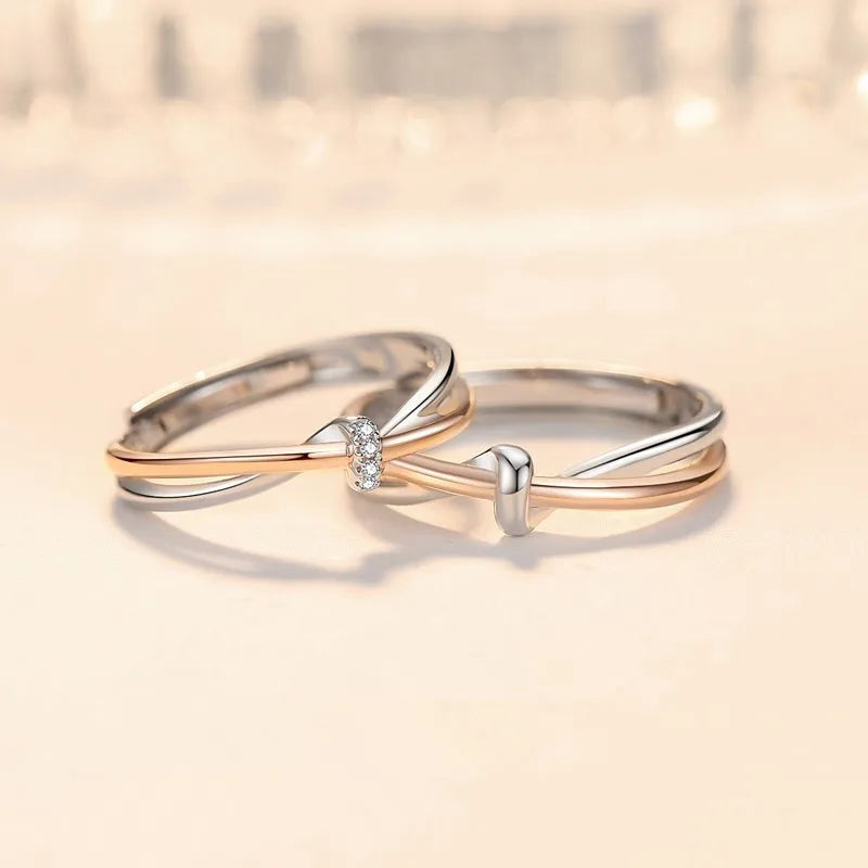 Luxury Trendy Exquisite Sweet Lover Knot Wedding Ring Color Heart Open Adjustable Diamond Couple Ring Engagement Gift