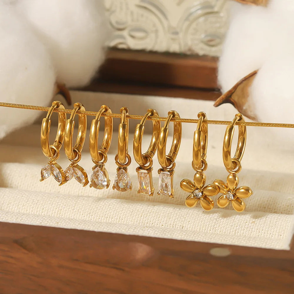 French Vintage Style Simple Hoop Earrings 18K Gold Stainless Steel Square Drop Zircon Earrings for Women