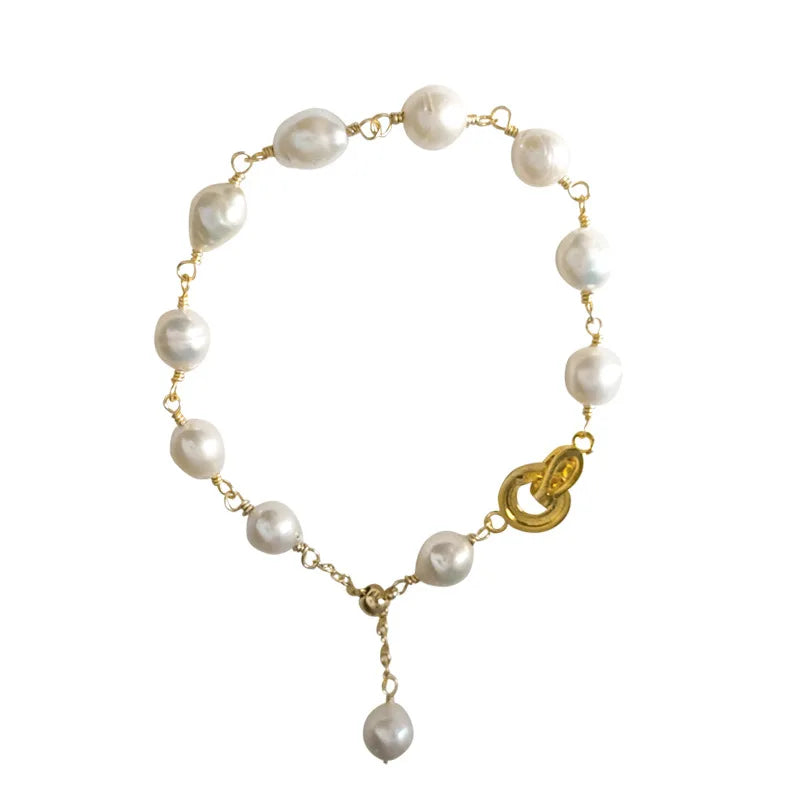 Dainty Valentine Gift Charm Handmade Jewelry Silver Chain Link Baroque Freshwater Pearl 14K Gold Adjustable Bracelet for Women
