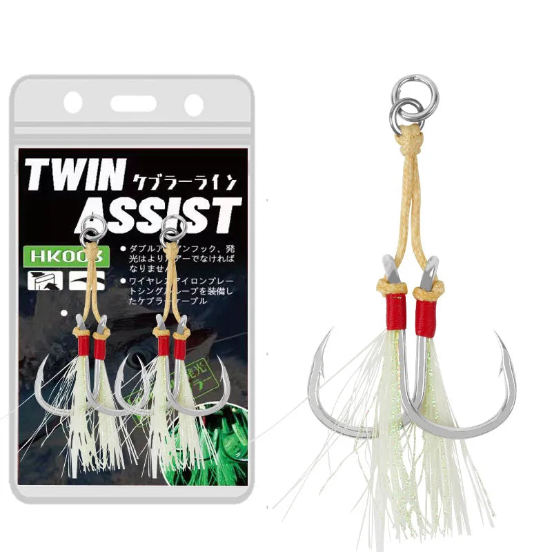 HK003 2 Set/bag Jigging Fishing Assist Hooks Luminous Double Barbed Jig Fishhooks Kvelar Fiber 1/0-5/0