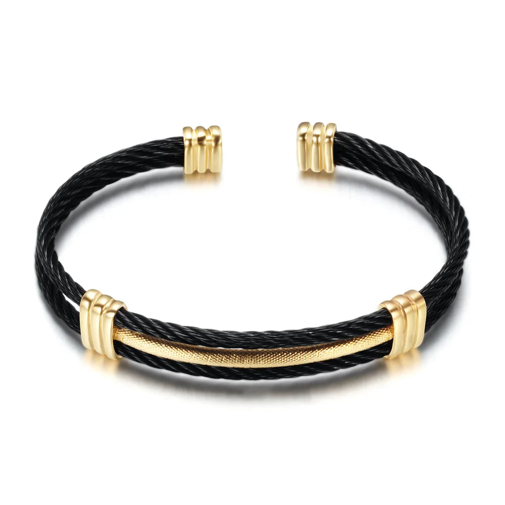 Stainless Steel Weave Wire Bracelet 18K Gold Double Color Fashion Jewelry Women Open Cuff Bangle Bracelet