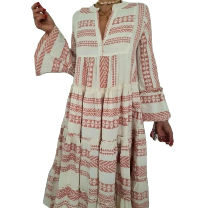 Fashion Geometric Print Dress Women Flare Sleeve V-neck Dress for Beach Vacation Casual Loose Ladies Ruffles Flared A-Line Dress