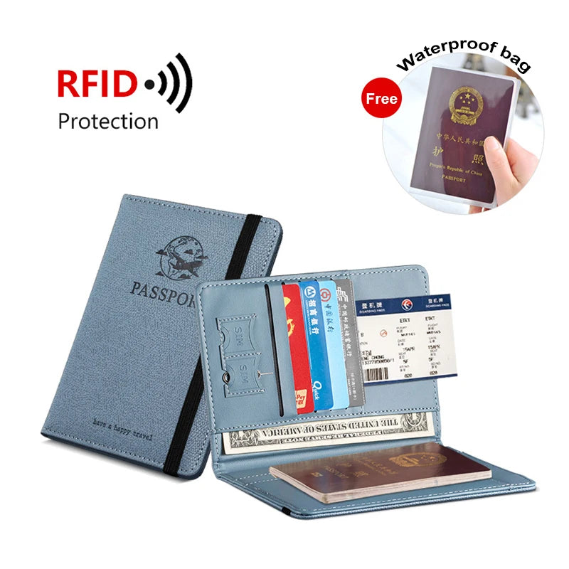 Custom Logo PU Leather Passport Cover Case Travel Wallet with 5 Card Case 2 Ticket Slot Family RFID Blocking Passport Holder MegaBDM