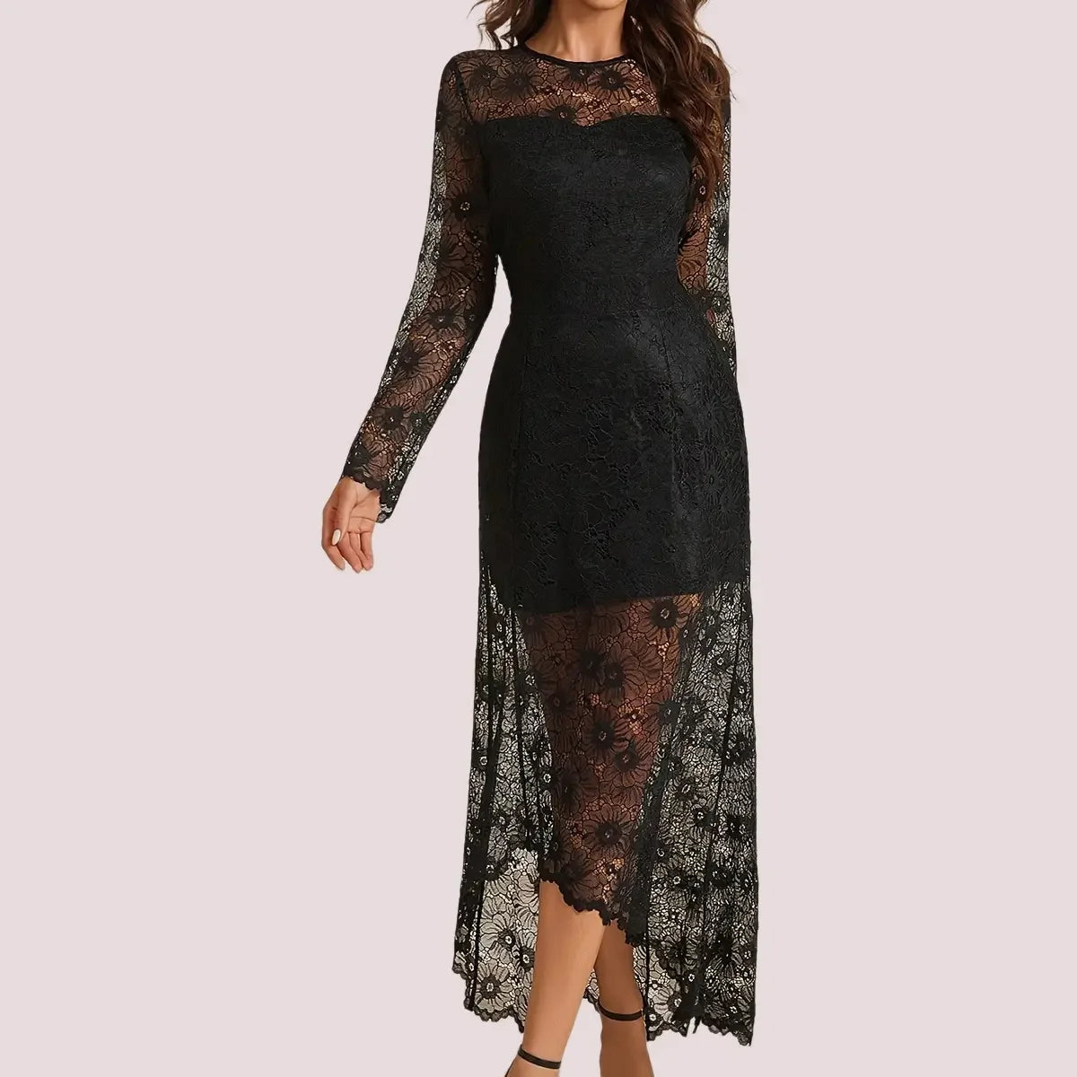 Sheer Floral Lace Bodycon Dress Women Sophisticated Long Sleeve Midi Figure Hugging Elegant Slit