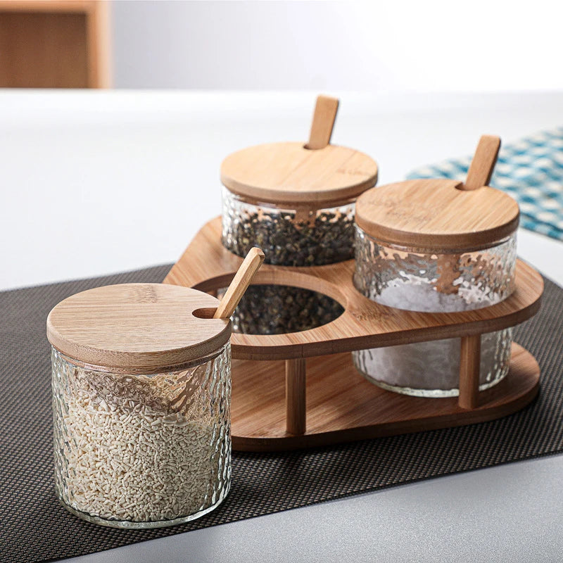 Nordic Borosilicate Glass Spice Jar Set Wood Rack Seasoning Spice Jar with Wooden Lid Kitchen Accessories