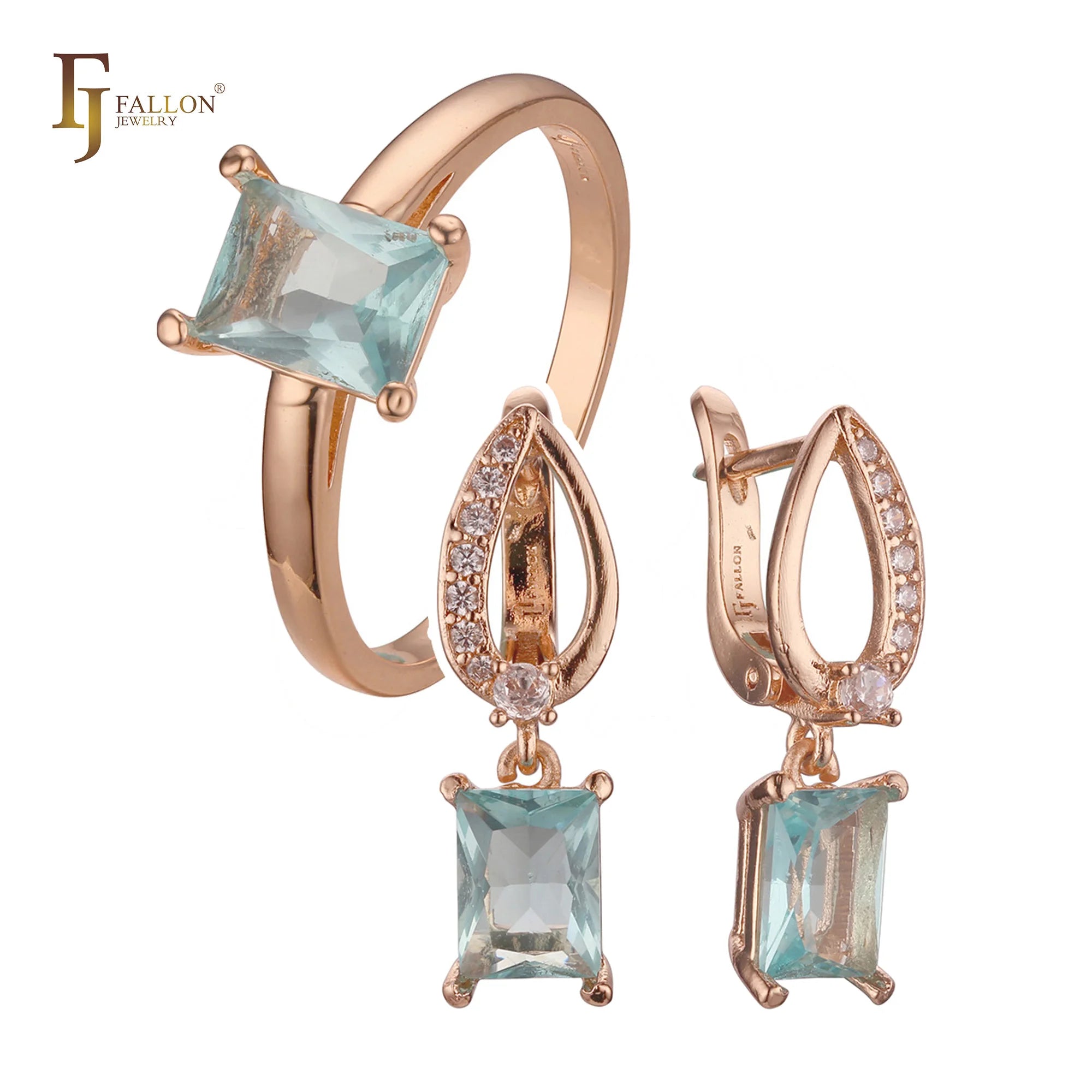 FJ Fallon Fashion Jewelry Solitaire Big Lake Blue CZ Jewelry Set Plated in Rose Gold Brass Based