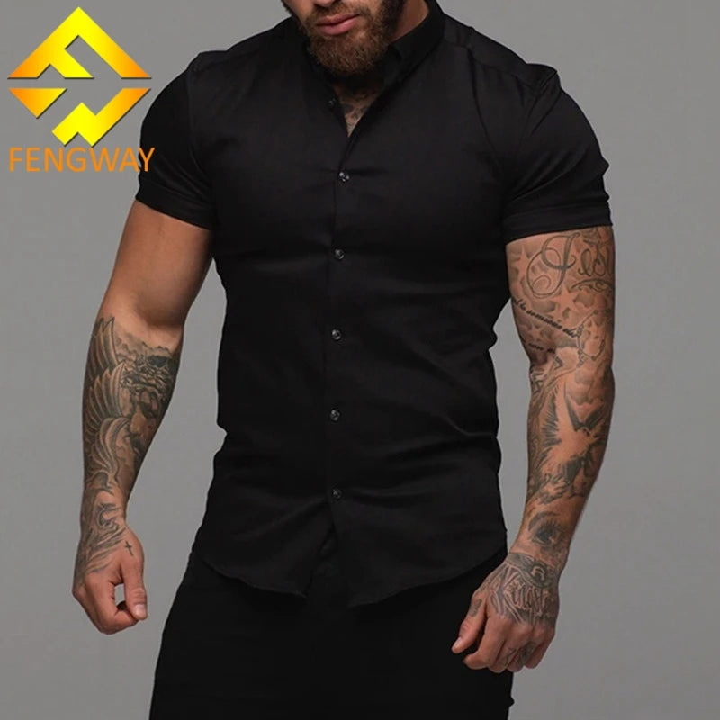 Custom Men's Summer Casual Breathable Stand Collar Short Sleeve Slim Fit Button Down Shirts