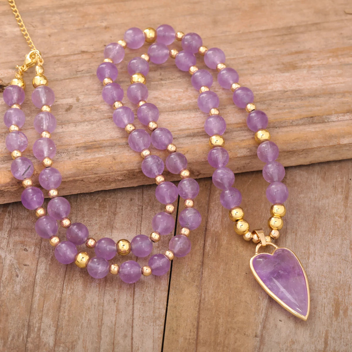 Bohemian Style Natural Amethyst Heart Pendant Necklace for Women Trendy round Bead Dainty Chakra Crystal Healing for Party Gift