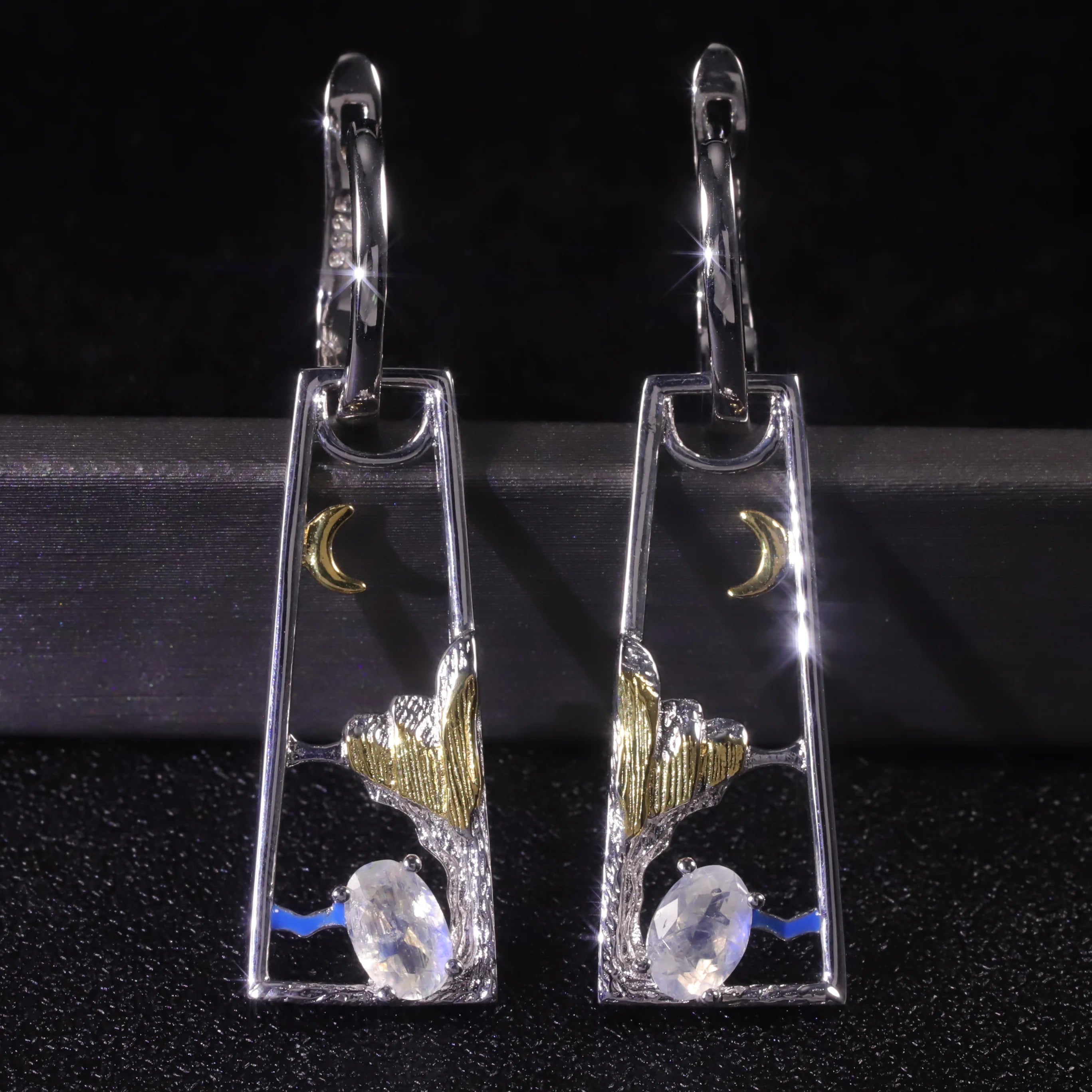 C8208 Abiding Landscape Half Moon Faceted Oval Cut 4x6mm Milky Blue Moonstone Moonlit Scene Solitaire Hoop Drop Earrings S925