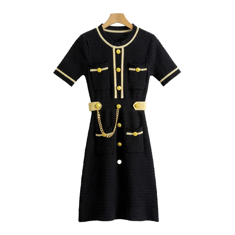 Summer Solid Colour Knitted Dress Elegant Fashion Metal Button Skinny A-line Knitted Sweater Dress Knitted Dress for Women