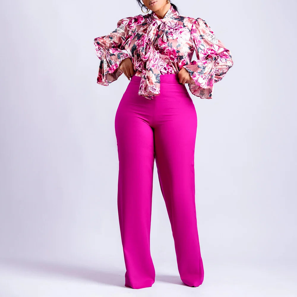 S-XXXL Autumn and Winter Loose Large Casual Print Long-sleeved Shirt Wide Leg Pants Two-piece Set  Women s Sets