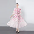 Women's Floral Ruched Woven Chiffon Pleated Flare Sleeves Knee-Length Casual Bohemian Dress with Digital Printing Natural Waist