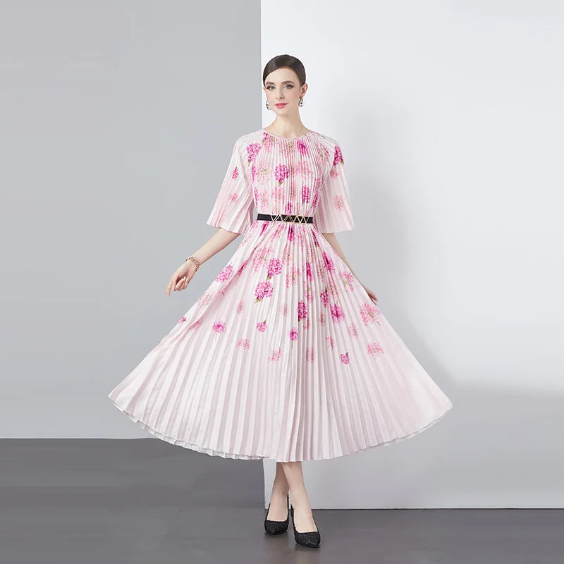 Women's Floral Ruched Woven Chiffon Pleated Flare Sleeves Knee-Length Casual Bohemian Dress with Digital Printing Natural Waist