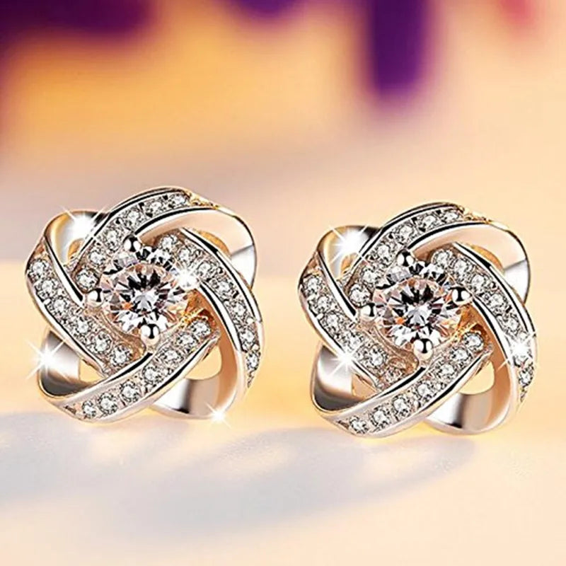 CAOSHI Korean Style Classic Design Knot Flower Earrings Jewelry for Women  925 Silver Color Diamond CZ Zirconia Stud Earrings