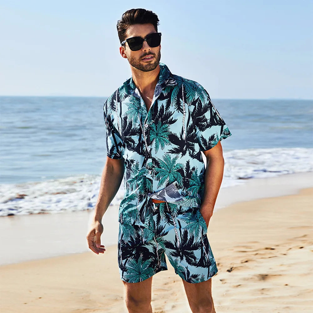 Summer Plus Size Men's Two-Piece Beach Shirt and Shorts Set Short Sleeve Floral Print Quick Dry & Breathable