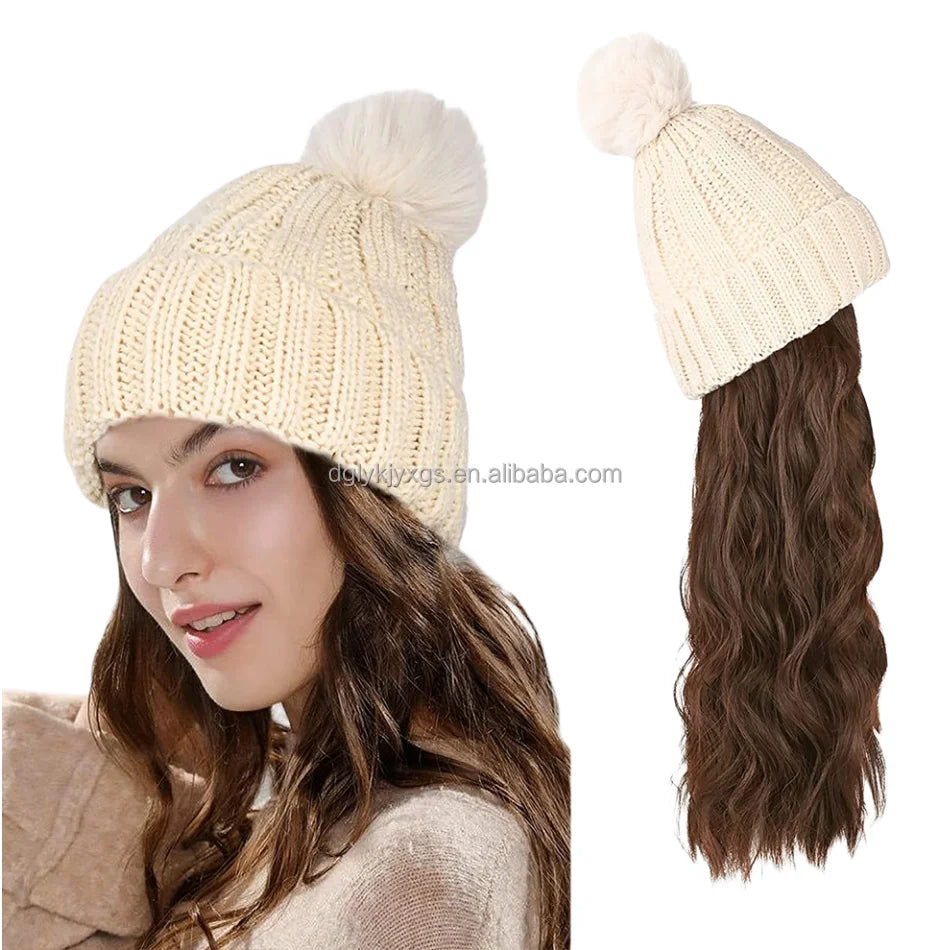 WM06Plush Knitted Hat Wig Synthetic Hair Water Wave Wigs Fashion Autumn Winter White Cap Hair Wig