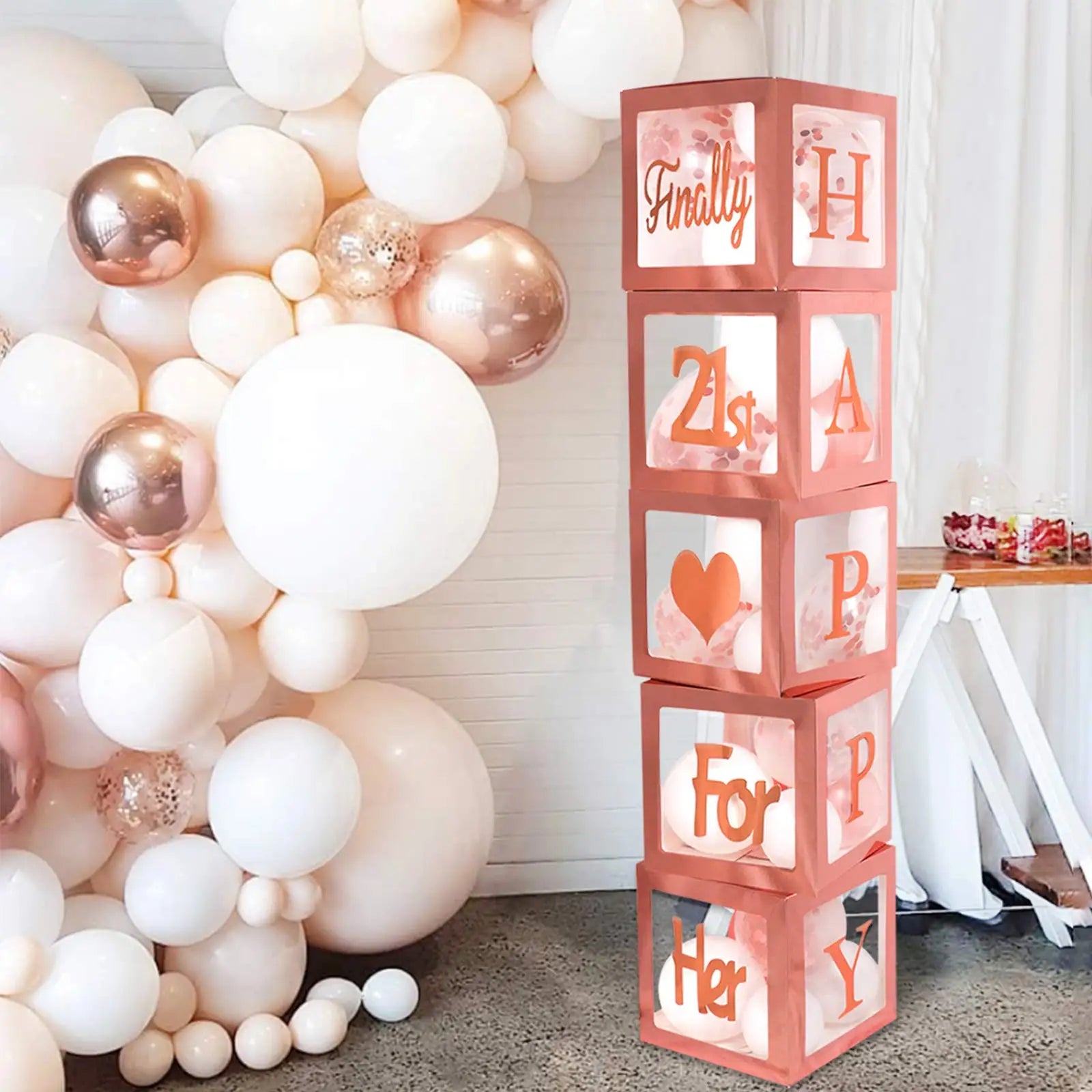 21st Birthday Decorations Rose Gold Transparent Balloon Boxes 'Finally 21st' Letter Pearl Material Party Backdrop Bag Packing