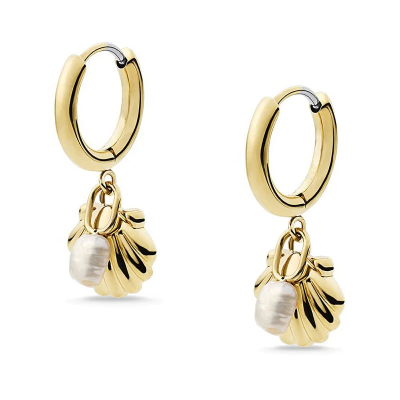 Milskye Fashion Silver 925 18k Gold Pearl Shell Dangle Hoop Pendant Earrings