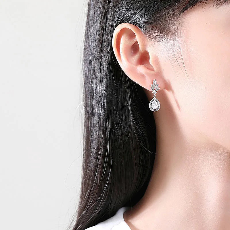 SLBRIDAL Pave Setting Trendy CZ Crystal Bridal Dangle Earring Cubic Zircon Earrings Wedding Drop Women Girls Fashion Earring