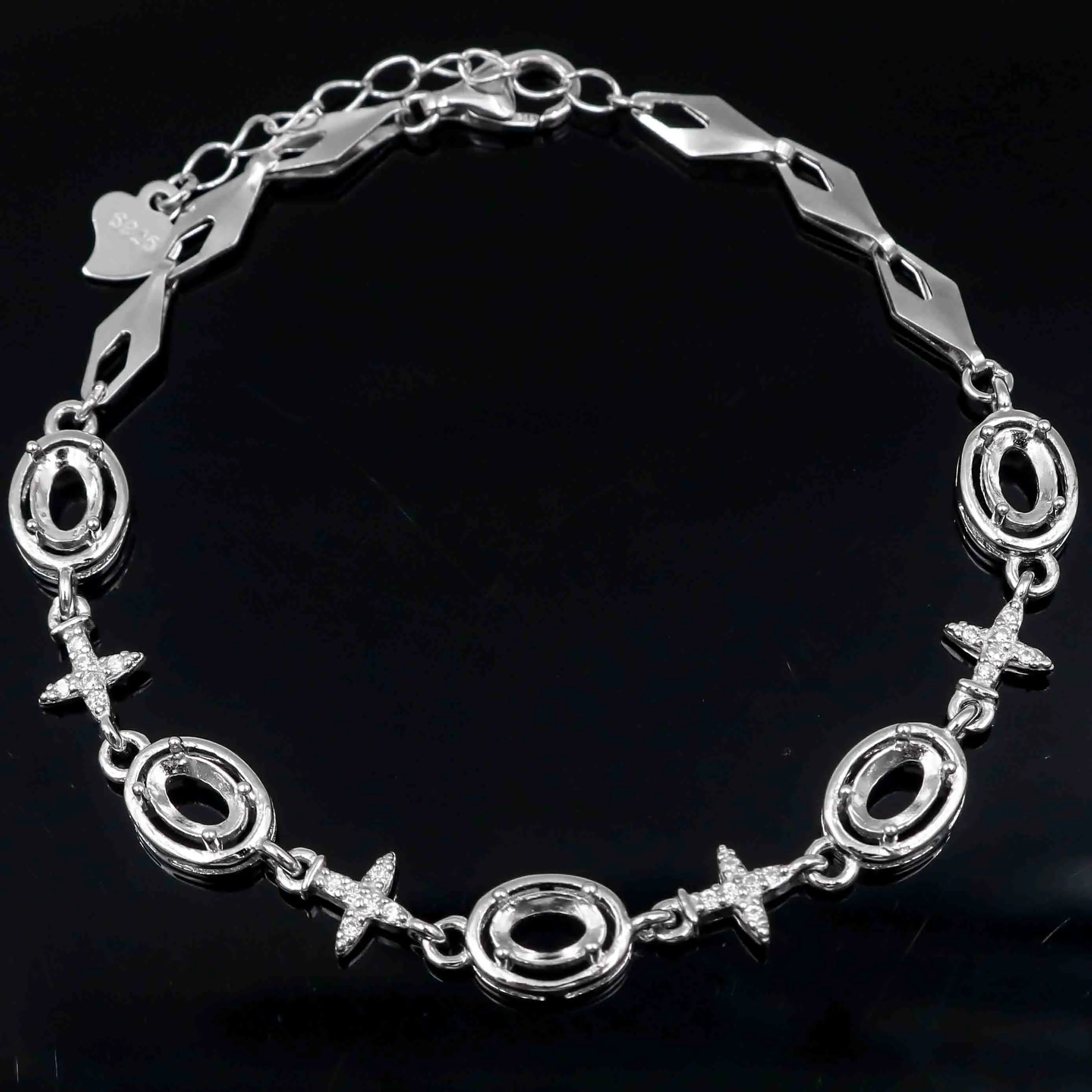 Sterling Silver 4*6mm Semi Mount Bracelet Blank Empty Support Mountain Setting S925 Base Holder Without Stone for DIY Inlay