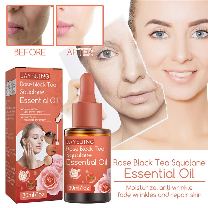 Jaysuing 30ml Cosmetic Rose Black Tea Squalane Essential Oil Oem Moisturizing Smoothing Anti Wrinkle Anti Aging Facial Serum