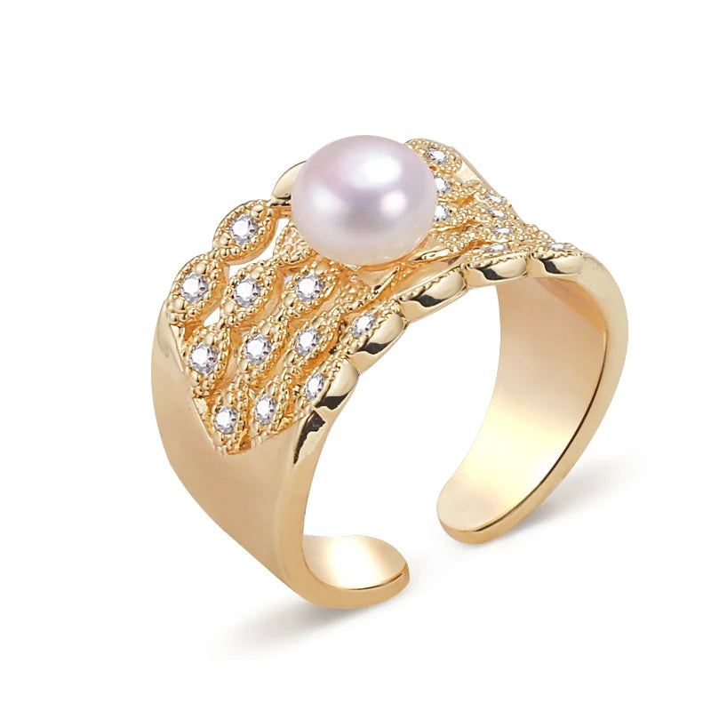 2025 Luxury Wide Ring Jewelry 18K Gold Plated Natural Freshwater Pearl Ring for Women