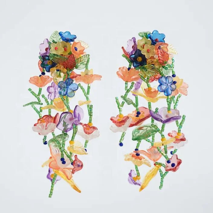 Kaimei Hot Bohemia Za Flower Glass Dangle Earrings for Women Floral Beads Resin Pendant Drop Earrings Handmade Beaded Earrings