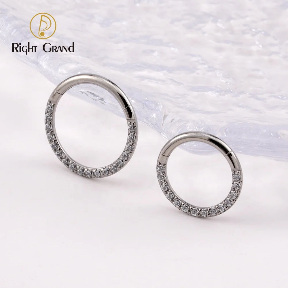 16G ASTM F136 Titanium CNC Set CZ Hinged Segment Ring Daith Clicker Hoop Piercing