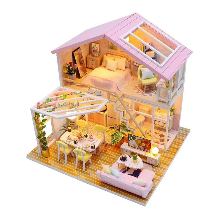 Hongda M2001 Pink Dollhouse Sweet Worlds Wooden Doll House Miniature Diy Dollhouse Kit
